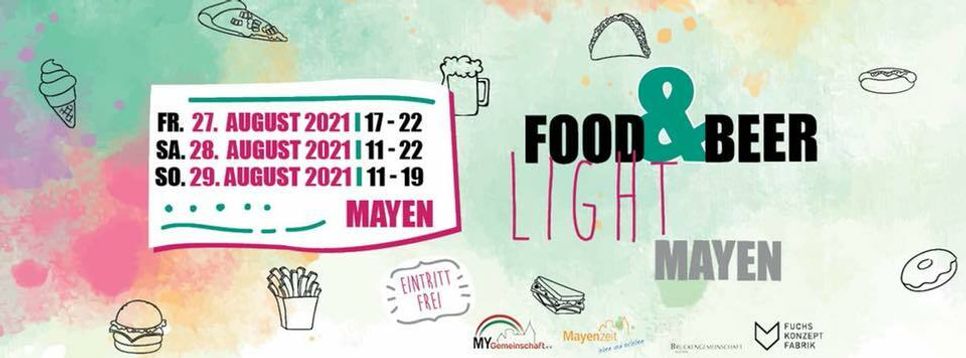 Das 3. Food & Beer Festival findet vom 27. bis 29. August auf dem Mayener Marktplatz statt und am verkaufsoffenen Sonntag kann von 13 bis 18 Uhr gebummelt werden. Grafik: Fuchs-Konzeptfabrik