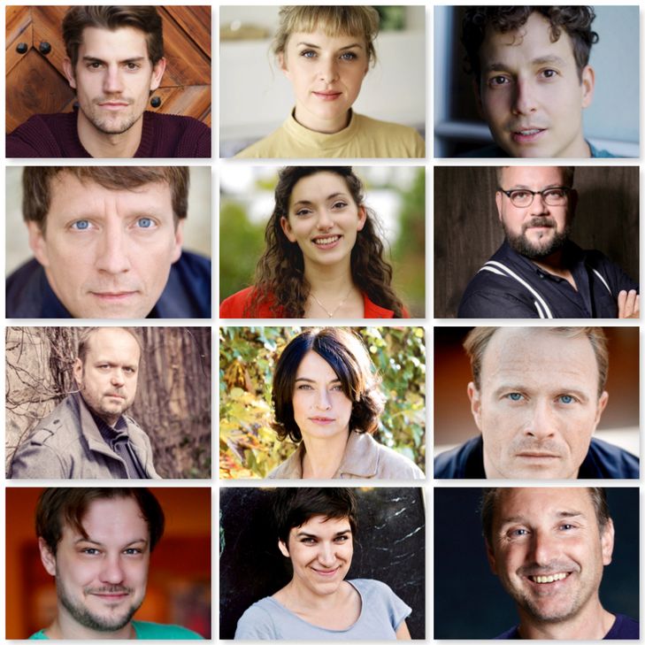 Das Festspiel-Ensemble 2021 (von links): Jan Nicolas Bastel (© Stephan Pfrogner), Eva Patricia Klosowski, Marius Schneider, Charles Ripley, Wiebke Isabella Neulist(© Herrengedeckfilme), Dejan Brkic, Matthias Manz (© Robert Jentzsch), Saskia Kästner (© Petrov Ahner), Merten Schroedter (© Petite Machine), Andreas Schneider, Alessa Kordeck und Georg Lorenz.