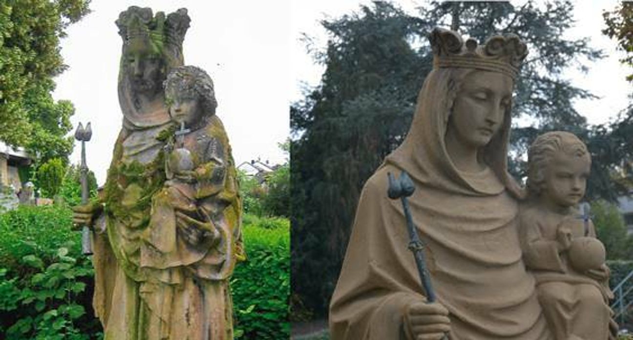 Die Marienfigur auf dem Friedhof St. Nikolaus vor (links) und nach (rechts) der Sanierung. Foto: VG Konz