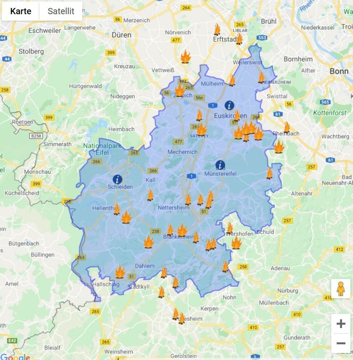 Auf einer interaktiven „Hexenkarte“ lässt sich das Ausmaß der Hexenverfolgung im Kreis Euskirchen nachvollziehen. Nach Überzeugung der aktuellen historischen Forschung gehör-ten die Dörfer und Städte im heutigen Kreisgebiet zu den Kernregionen der Hexenverfolgung in Deutschland. Screenshot: Kreis-Geschichtsverein
