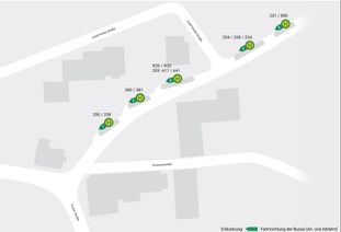 So sehen die fünf neuen Bussteige am zentralen Busbahnhof Donatusplatz in Hermeskeil aus: Der Plan des Verkehrsverbunds Region Trier (VRT), der auch im Internet veröffentlicht ist, zeigt, wo ab dem 14. März welche Buslinie halten und abfahren wird.