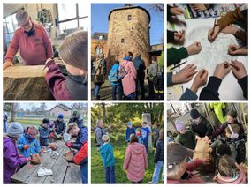 Ein Projekt, viele geheimnisvolle Aktivitäten: Tasten und Meißeln beim Steinmetz, Geschichte am Römerstein in Nettersheim, der Euskirchener Stadtturm, Bearbeiten von Sandstein in Kall und das gemeinsame Zeichnen der Geheimniskarte.