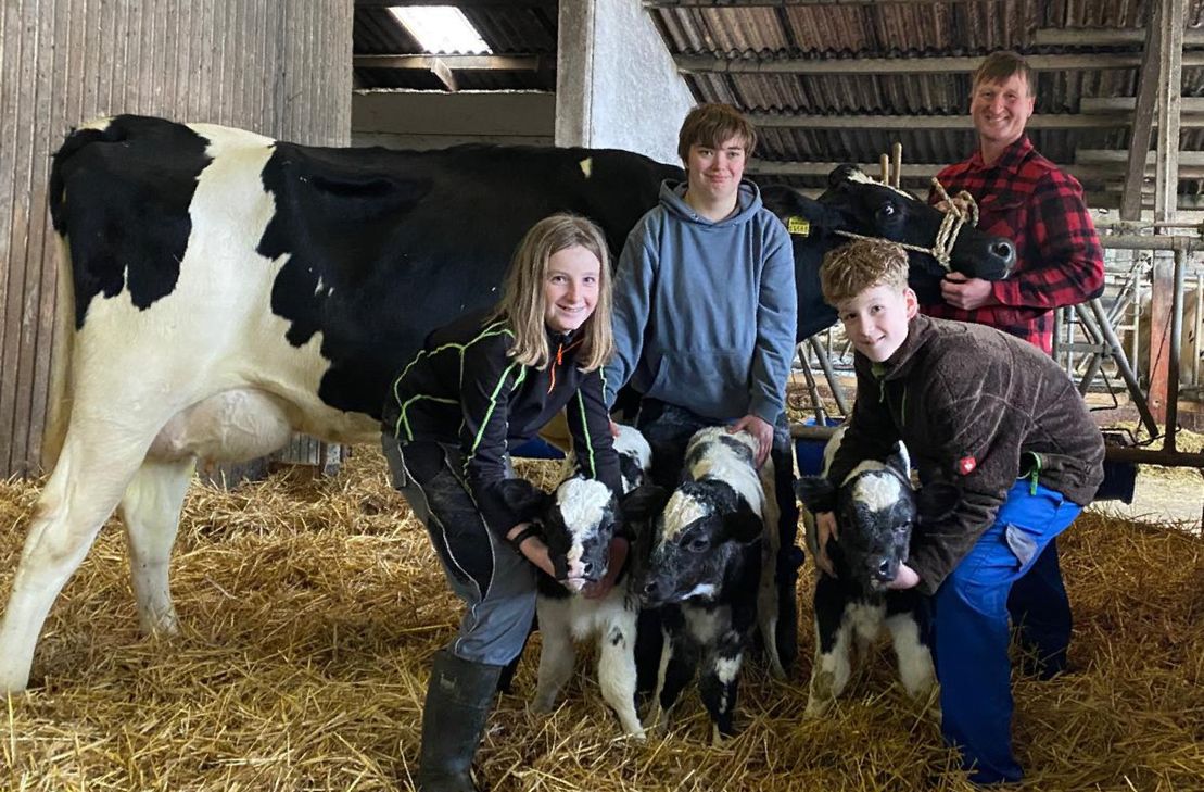 Peter Weier (rechts) freut sich mit seinen Söhnen Tim (vorne rechts), Paul (links) und Mitarbeiterin Jennifer Krüger über die seltene Drillingsgeburt seiner Milchkuh Fidele.