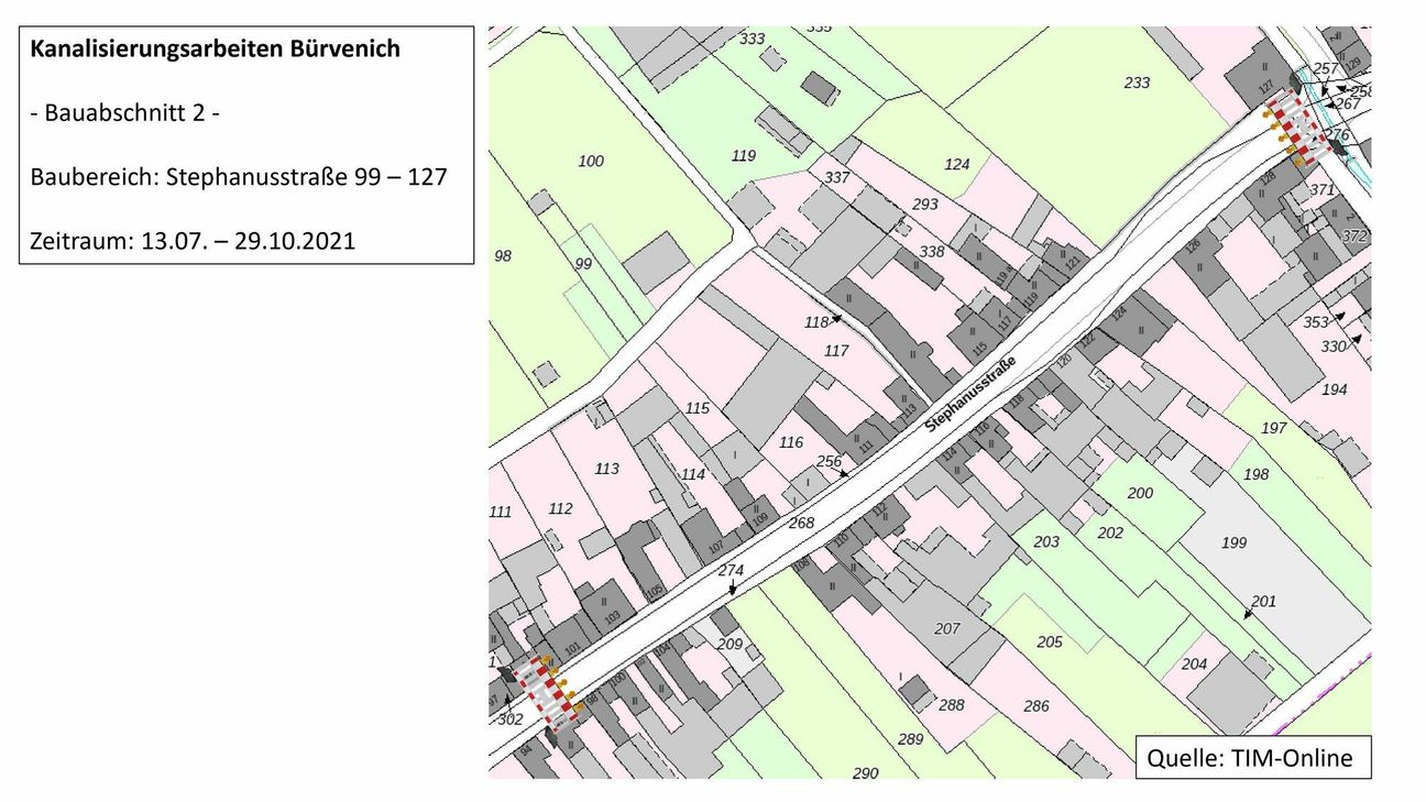 Ab dem 13. Juli bis voraussichtlich 29. Oktober folgt dann die Kanalsanierung auf der Stephanusstraße im Bereich zwischen den Hausnummern 99 und 127 – ebenfalls unter Vollsperrung. Grafik: Stadt Zülpich