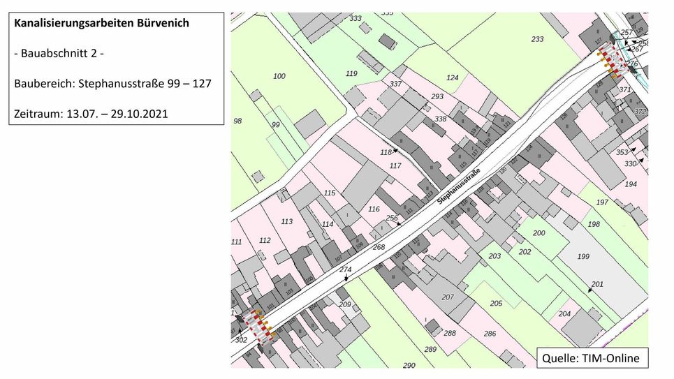 Ab dem 13. Juli bis voraussichtlich 29. Oktober folgt dann die Kanalsanierung auf der Stephanusstraße im Bereich zwischen den Hausnummern 99 und 127 – ebenfalls unter Vollsperrung. Grafik: Stadt Zülpich
