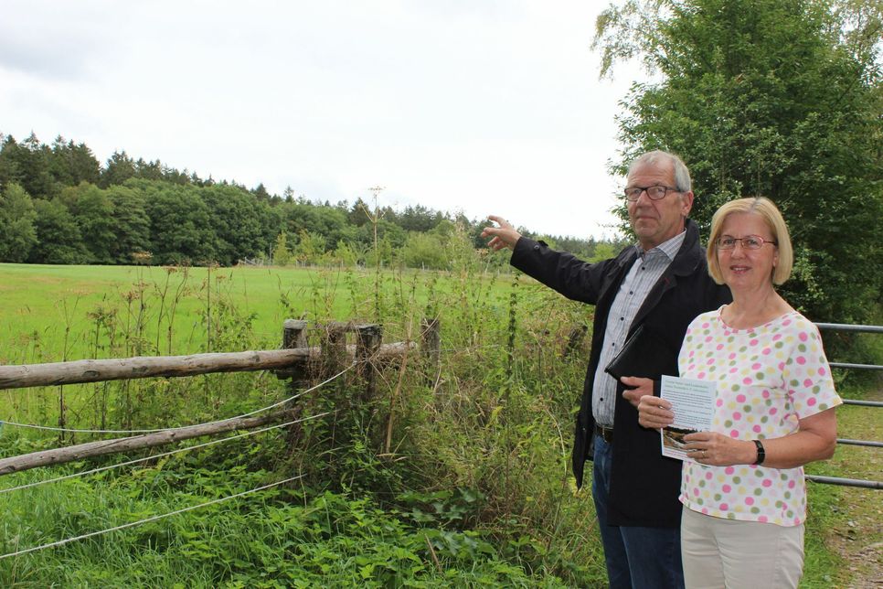 Rainer Ständer und seine Frau Katharina vom Verein Natur- und Landschaftsschutz Nordeifel e. V.  zeigen die Stelle, an der die Windräder zu sehen sein werden, sollten die Windkraftanlagen am  Waldstück Birkhahnskopf gebaut werden. Foto: Scheffen