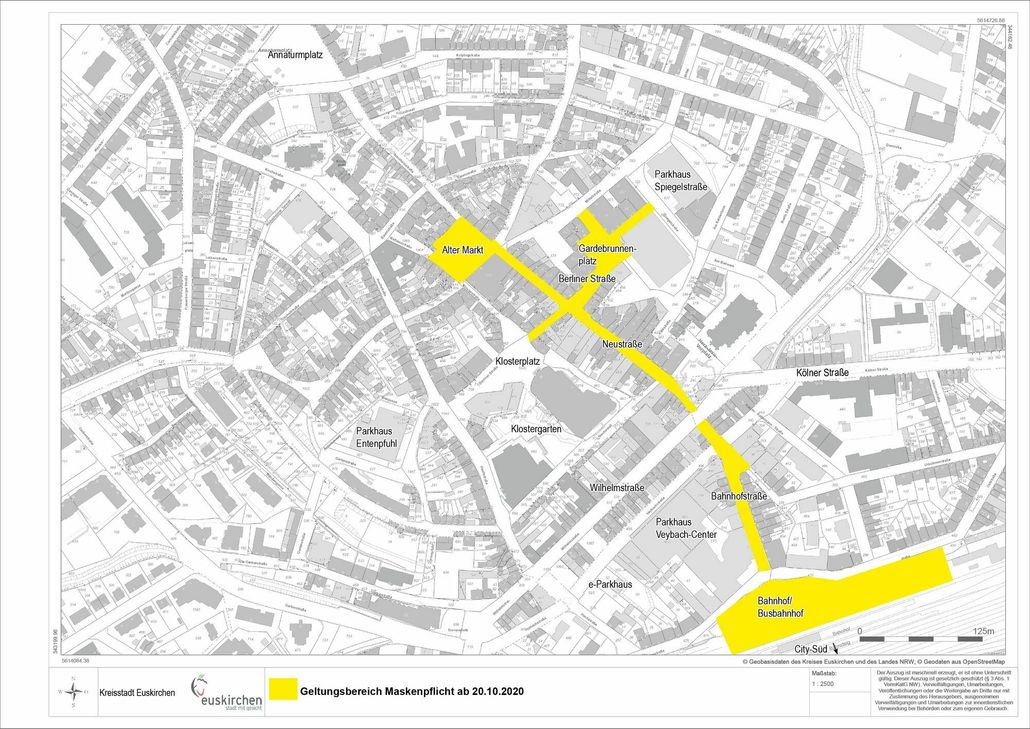 Die Kreisstade Euskirchen hat diese Bereiche ausgewiesen, in denen die erweiterte Maskenpflicht gilt (Karte in großer Auflösung über den Link im Artikel). Karte: Kreisstadt Euskirchen
