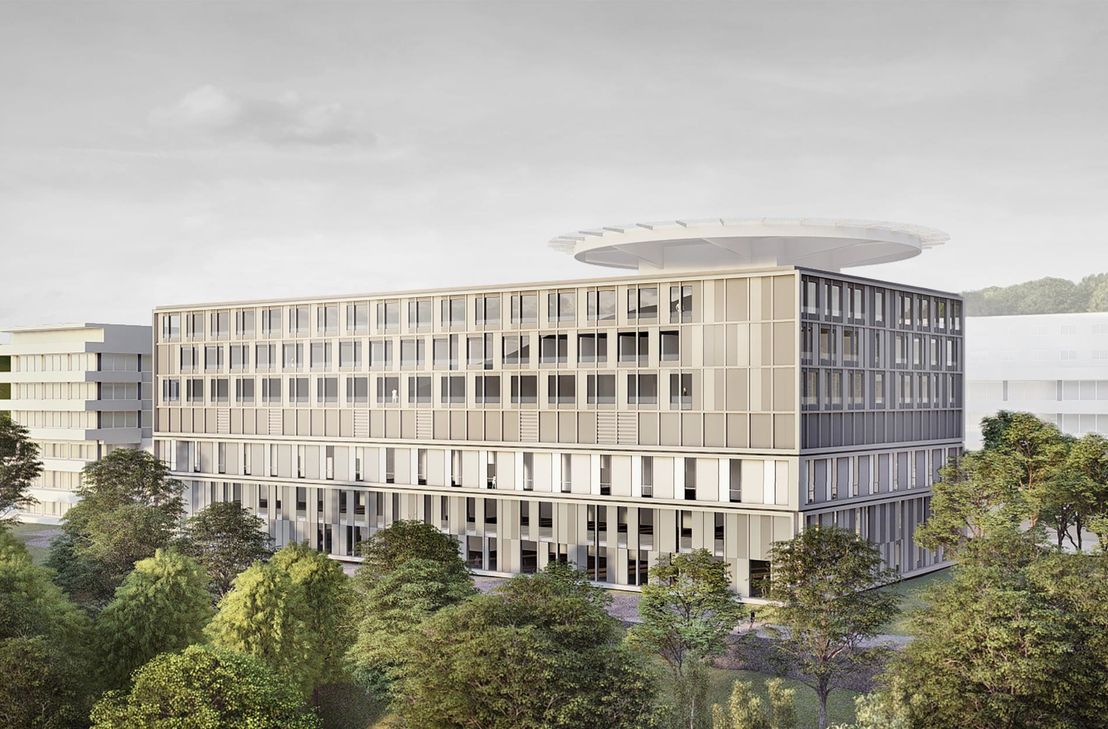 So soll es in Göttschied bald einmal aussehen: Die 3-D-Darstellung des Klinikneubaus samt Hubschrauberlandeplatz auf dem Dach.