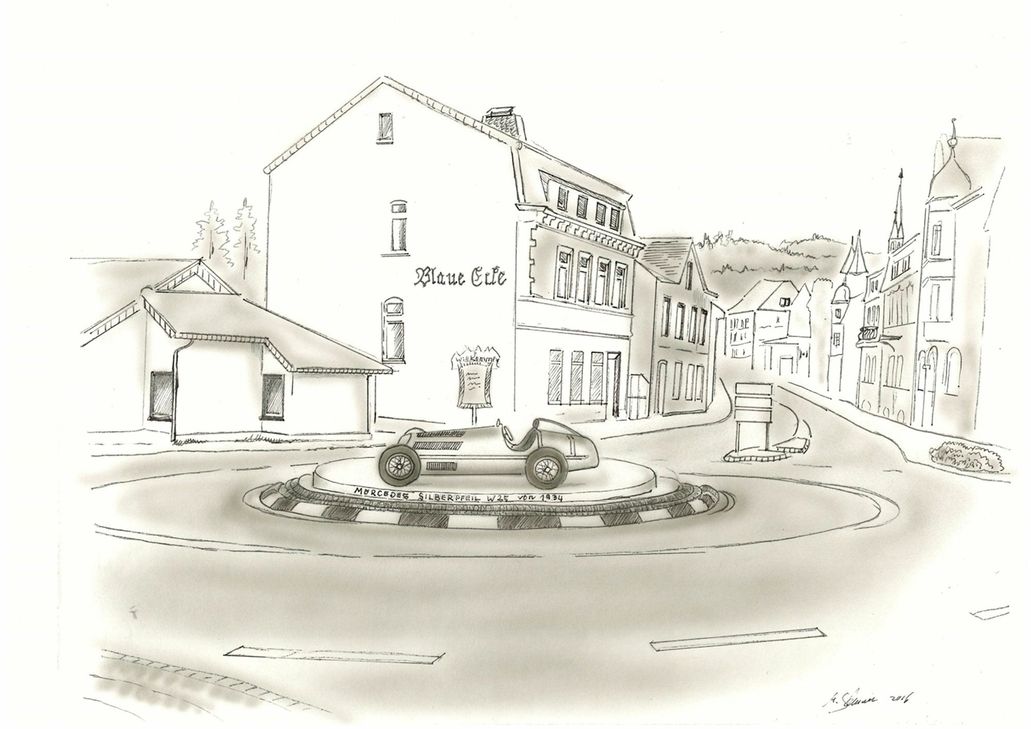 Michael Mönch zeichnete für den Karnevalsverein ein paar Ansichten des Kreisverkehrs mit dem Silberpfeil, damit die potenziellen Spender sich vorstellen können, wie das Ergebnis aussehen könnte.