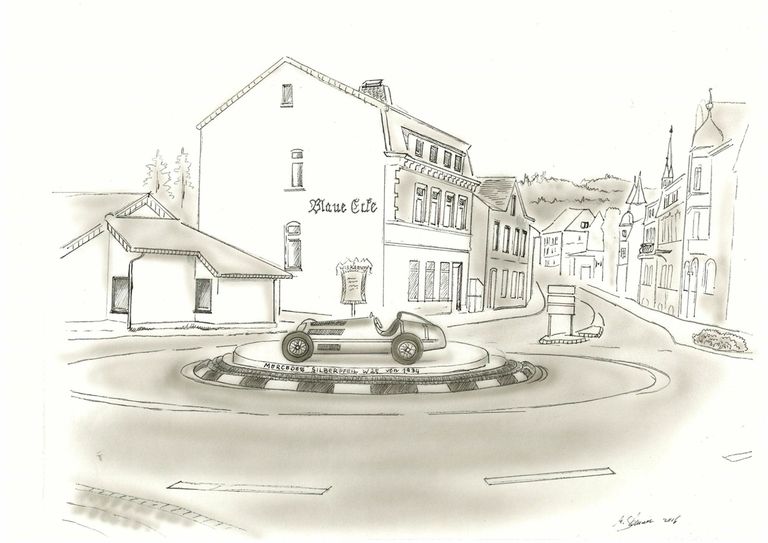 Michael Mönch zeichnete für den Karnevalsverein ein paar Ansichten des Kreisverkehrs mit dem Silberpfeil, damit die potenziellen Spender sich vorstellen können, wie das Ergebnis aussehen könnte.