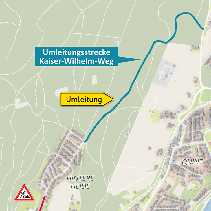 Verlauf der provisorischen Zufahrt zur Hinteren und Vorderen Heide während der Bauarbeiten.