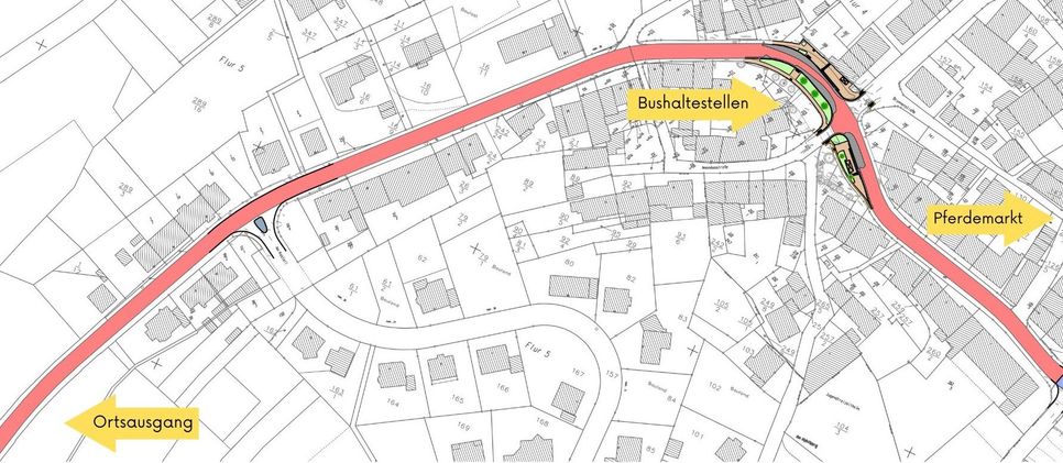 Die rot markierte Strecke zeigt den 1. Bauabschnitt, in dem die Fahrbahn saniert, die Bushaltestellen barrierefrei gestaltet sowie Wasserleitungen erneuert werden.