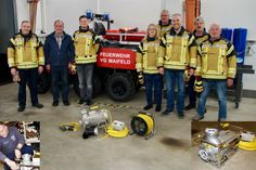Der Trimbser Ortsbürgermeister Peter Schmitt mit dem Vorstand des Fördervereins der Freiwilligen Feuerwehr Trimbs bei der Übergabe. Unten Links: Der Trimbser Wehrführer Stefan Müller bei der Einweisung in das neue Gerät.