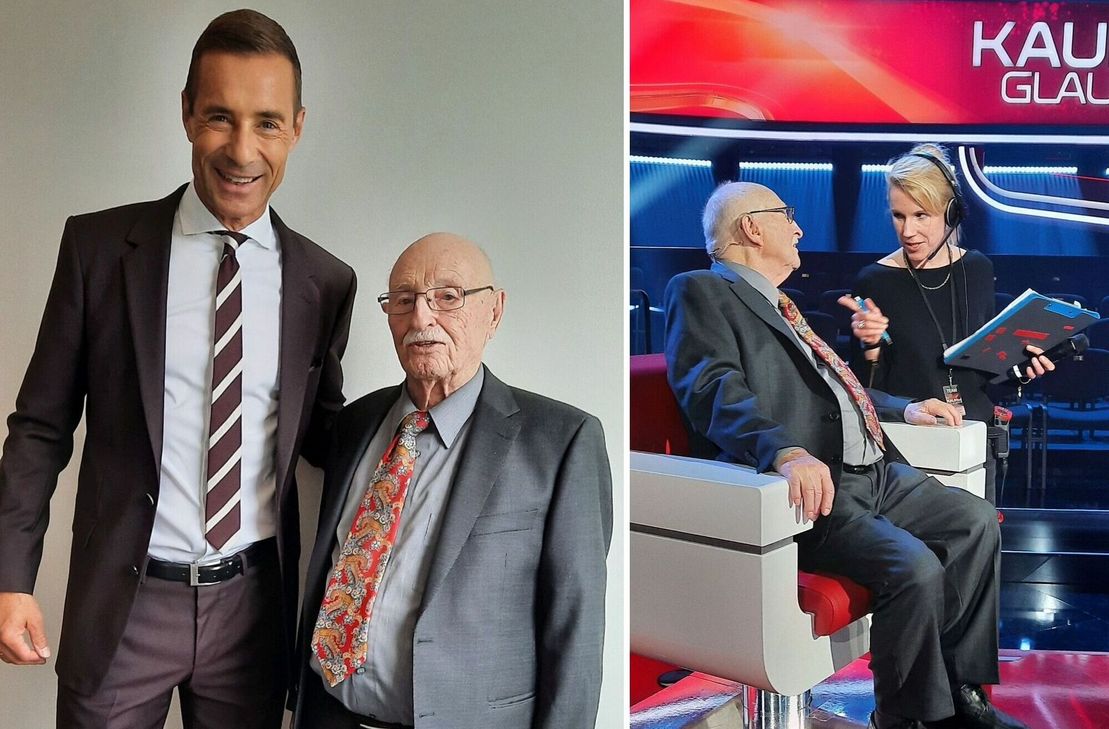 Bei diesem Foto vom 1,90 Meter großen Moderator Kai Pflaume mit dem 1,60 Meter großen Ludwig Theisen könnte man meinen, es gehe um die Sendung "Klein gegen Groß". Der Sötenicher Friseurmeister sitzt aber bei der Sendung "Kaum zu glauben" bei Pflaume auf dem Ratestuhl (Foto links). Ludwig Theisen bekommt auf dem Ratestuhl im Hamburger Studio letzte Anweisungen von einer Regie-Assistentin. Am 26. August ist er im Abendprogramm der ARD in der Kai Pflaume-Sendung "Kaum zu glauben" zu sehen  (Foto rechts).