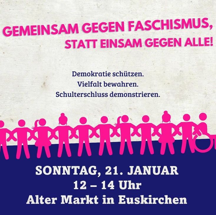 Am Sonntag, 21. Januar, findet von 12 von 14 Uhr auf dem "Alter Markt" in Euskirchen eine Demonstration unter dem Motto „Gemeinsam gegen Faschismus, statt einsam gegen alle“ statt.