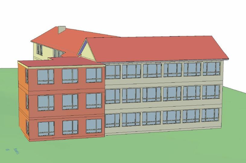 Ein dreigeschossiger Anbau sichert die Zukunft der Grundschule Steckenborn und schafft notwendigen Platz für mehr Schüler und höheren Bedarf an der Offenen Ganztagsschule. Skizze: Gemeinde Simmerath
