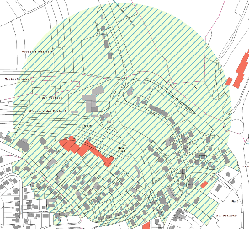 In diesem Umkreis müssen die Anwohnerinnen und Anwohner ihre Häuser am Sonntag ab 10 Uhr verlassen. Grafik: VGV Daun