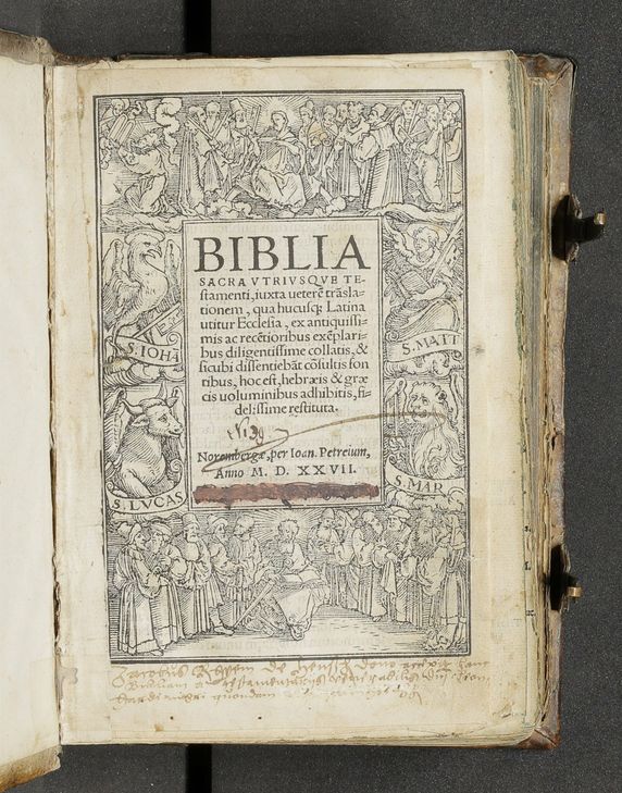 Titelblatt der 1527 bei Johannes Petreius in Nürnberg gedruckten Bibel