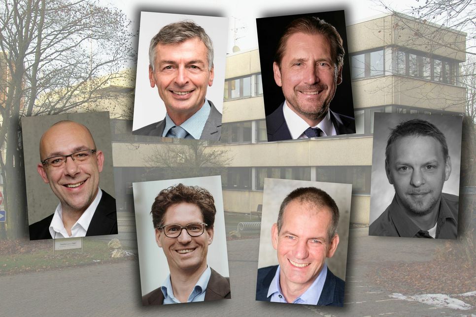 Im Zuge der Kommunalreform werden schon jetzt die Bürgermeister der neuen Verbandsgemeinden Simmern-Rheinböllen (S-R) und Hunsrück-Mittelrhein (H-M) gewählt. Es treten an (im Uhrzeigersinn von oben links): Michael Boos (S-R), Peter Unkel sowie Roger Mallmenn (H-M), Thomas Klemm, Thorsten Hachmer und Karsten Klopmann (S-R).  (Montage: WochenSpiegel)