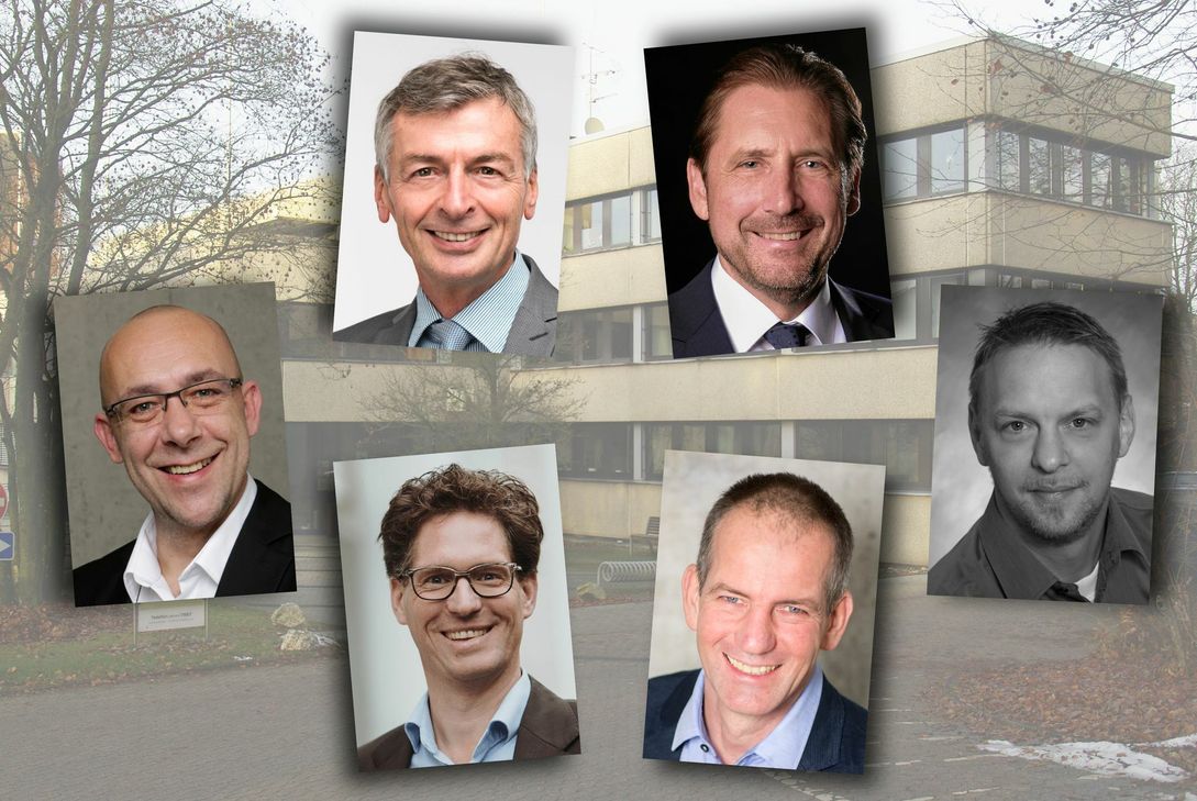 Im Zuge der Kommunalreform werden schon jetzt die Bürgermeister der neuen Verbandsgemeinden Simmern-Rheinböllen (S-R) und Hunsrück-Mittelrhein (H-M) gewählt. Es treten an (im Uhrzeigersinn von oben links): Michael Boos (S-R), Peter Unkel sowie Roger Mallmenn (H-M), Thomas Klemm, Thorsten Hachmer und Karsten Klopmann (S-R).  (Montage: WochenSpiegel)