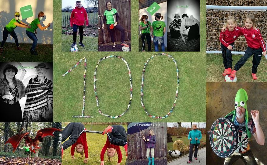 Eine kleine Aktion zum »richtigen« Geburtstag im März 2021 war die »100« aus Turnschuhen, die auf dem Sportplatz in Imgenbroich ausgelegt wurde.