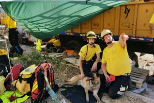 Mit Spürhunden suchen die Feuerwehrleute von @fire nach Verschütteten.