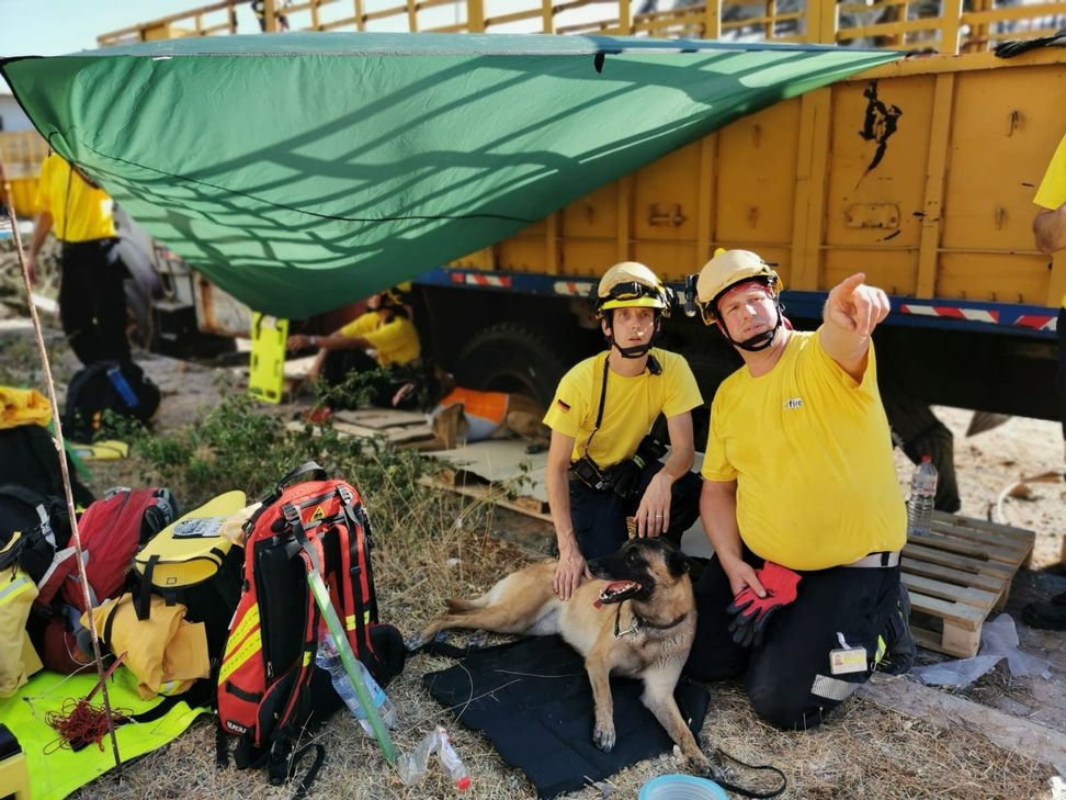 Mit Spürhunden suchen die Feuerwehrleute von @fire nach Verschütteten.