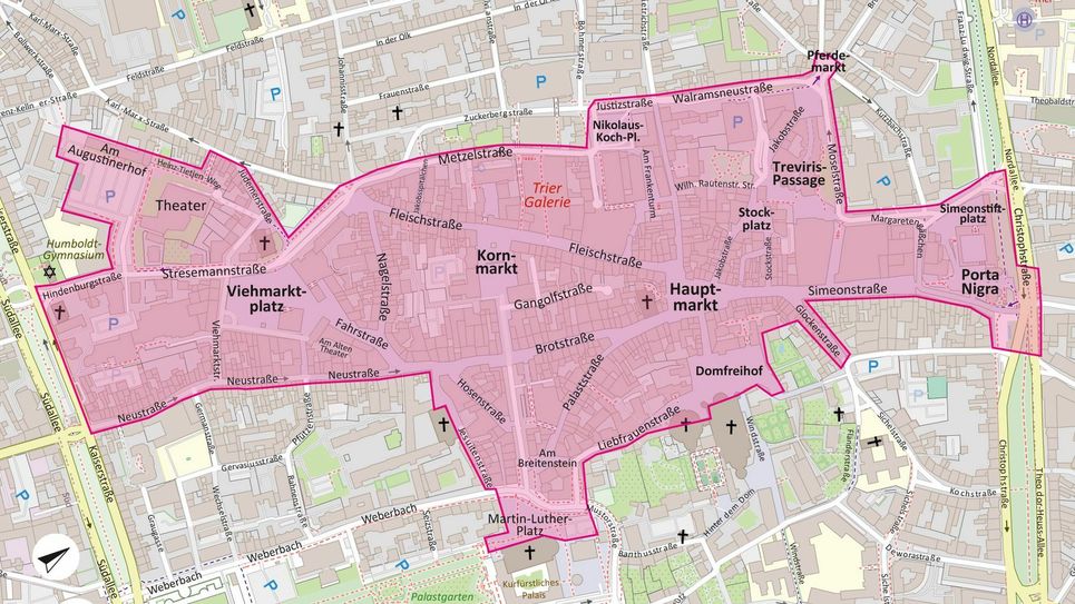 In diesem Bereich der Trierer Innenstadt gilt die Maskenpflicht. Karte: Presseamt Stadt Trier/OpenStreetMap
