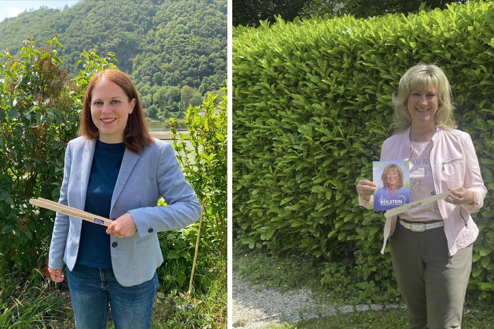 Mit der Grillzange auf Wahlkampf-Tour: CDU-Kandidatin Anke Beilstein (rechts) mit ihrer Grillzange (Slogan: "Engagiert aus Heimatliebe") und die Kandidatin von SPD, Grüne und FWG, Sonja Bräuer, die nun auch ihren Sloan auf das Grillbesteck gedruckt hat: "Damit es nichts schwarz wird".