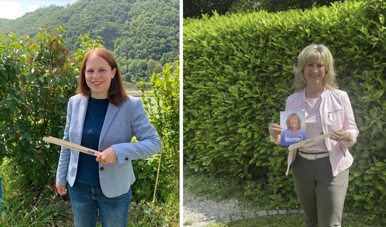 Mit der Grillzange auf Wahlkampf-Tour: CDU-Kandidatin Anke Beilstein (rechts) mit ihrer Grillzange (Slogan: "Engagiert aus Heimatliebe") und die Kandidatin von SPD, Grüne und FWG, Sonja Bräuer, die nun auch ihren Sloan auf das Grillbesteck gedruckt hat: "Damit es nichts schwarz wird".