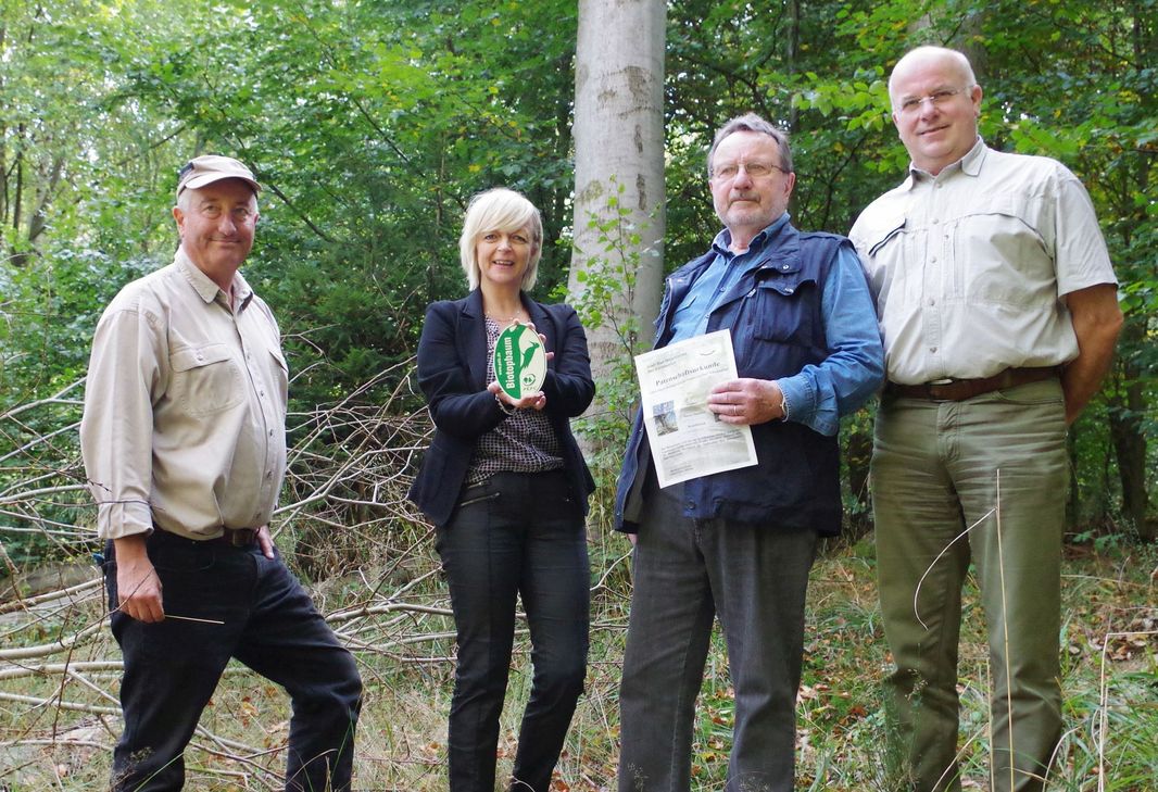 Revierförster Franz Petran (v.l.), Bürgermeisterin Sabine Preiser-Marian, der Ausschussvorsitzende Dr. Uwe Schmidt und Regionalforstamtsleiter Karl-Horst Dengel suchen Baumpaten für die Biotopbäume im Bad Münstereifeler Wald. Foto: Mager