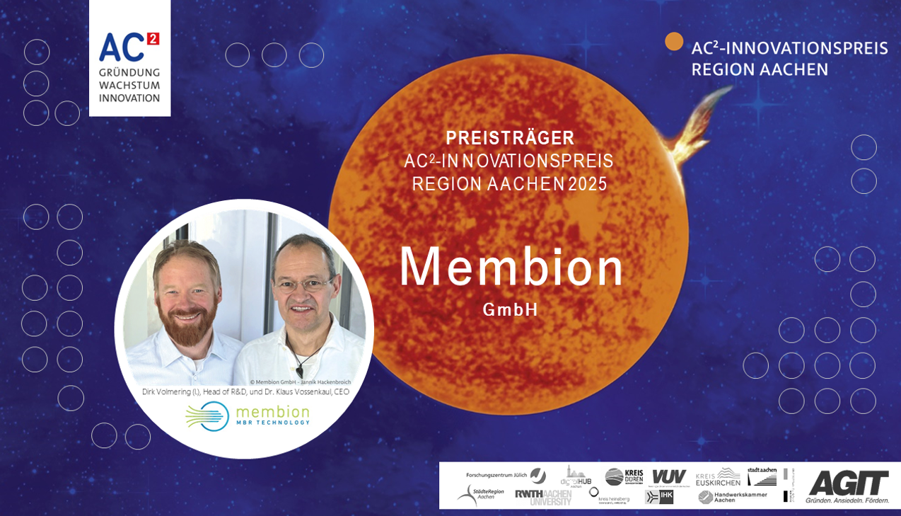 Dirk Volmering (l.), Mitgründer und Head of R&D, und Dr. Klaus Vossenkaul, CEO der Membion GmbH, sind die Preisträger des AC2-Innovationspreises 2025