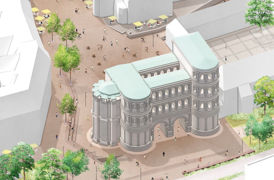 Die Visualisierung zeigt das Umfeld der Porta Nigra von der Nordseite aus.