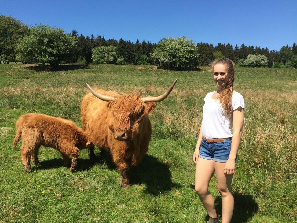 Alisha vom Palmatius-Hof überbringt Kuh-Mama Elly die frohe Botschaft, dass endlich ein Name gefunden wurde für die Kleine. Den Ausschlag für die Namensgebung gab die 4. Klasse der Grundschule Züsch, die alle für Goldie stimmten. Foto: Fischer