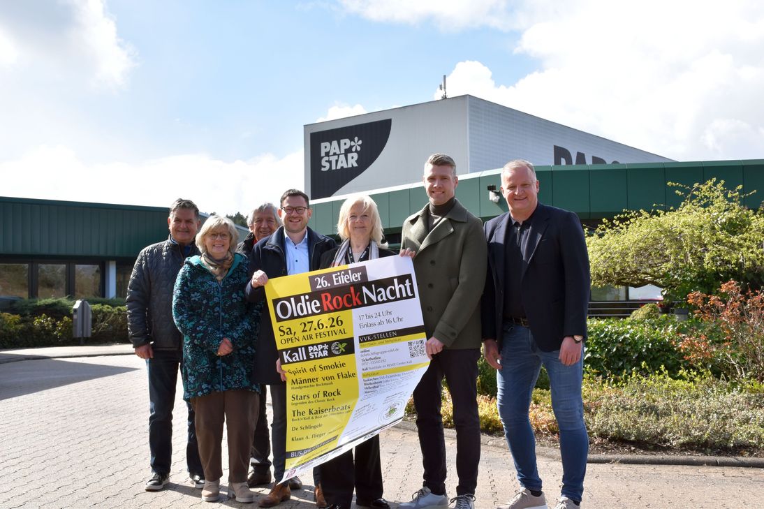 Sie stellten das Programm der »OldieRockNacht« vor (v.li.): Achim Liedtke,Kathi und Willi Greuel, Emmanuel Kunz, Margareta Ritter, Tom Kantelberg und Bernd Born.