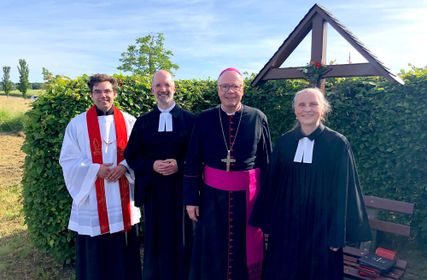 Sie feierten hier den ökumenischen Gottesdienst (von links): Kaplan Christian Jager, Präses Thorsten Latzel, Bischof Stephan Ackermann und Pfarrerin Frauke Flöth-Paulus.