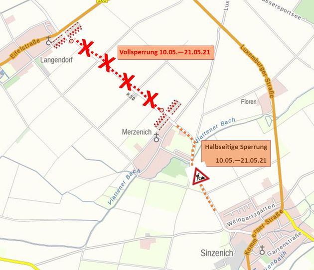 Im Teilbereich zwischen Langendorf und Merzenich wird die K30 vollgesperrt. Im Abschnitt zwischen Merzenich und Sinzenich werden die Bauarbeiten hingegen bei halbseitiger Sperrung durchgeführt. Grafik: Stadt Zülpich - Kartengrundlage: tim-online