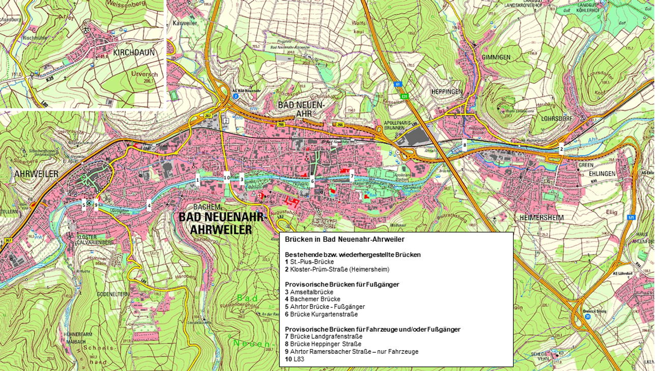 An diesen Stellen sollen die neuen Behelfsbrücken entstehen. Grafik: Stadt Bad Neuenahr-Ahrweiler
