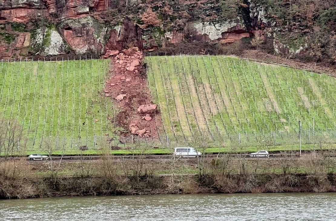 Über dem Augenscheiner Weinberg zwischen Pallien und Biewer haben sich am Donnerstag mehrere größere Steinbrocken gelöst - im Größenvergleich zu den Autos erkennt man die Dimensionen der Felsstücke