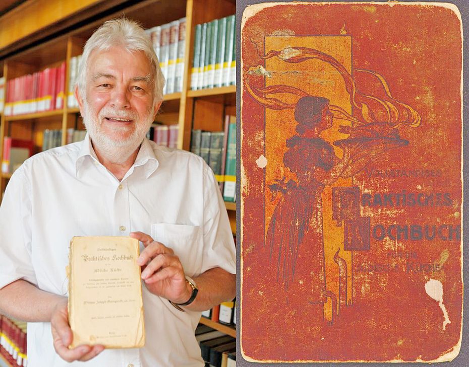 Werner Schättgen freut sich über die Übergabe des wertvollen Kochbuchs an die Wissenschaftliche Bibliothek der Stadt Trier. Auf dem Titel (rechts) ist eine Köchin beim Servieren eines Gerichts zu sehen.