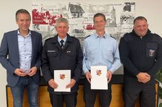 (v.l.):  Bürgermeister Manuel Follmann, Thorsten Hoffmann-Stolz, Andreas Kriegsmann und Thorsten Engel.