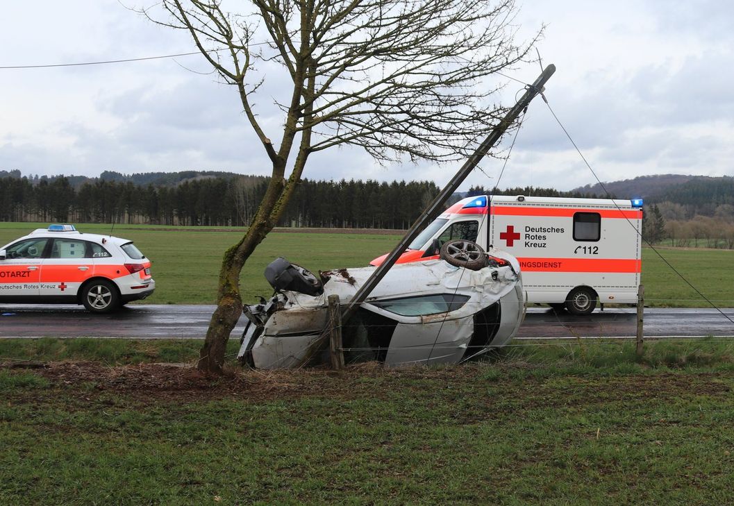 Während des Überholens prallte das Auto gegen einen Telefonmast. Foto: Polizei