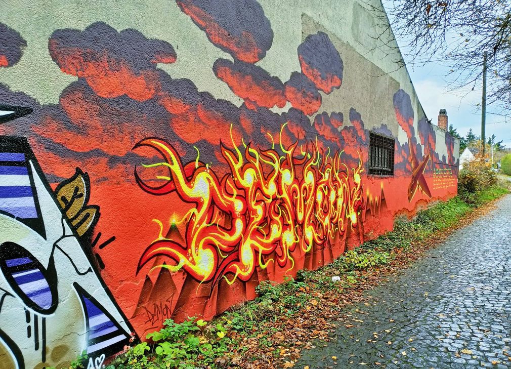 Das Graffiti auf dem Weg zum Mendiger Bahnhof hat eine Größe von ca. 15 x 3 m und stellte markante Punkte heimischer Geschichte dar.