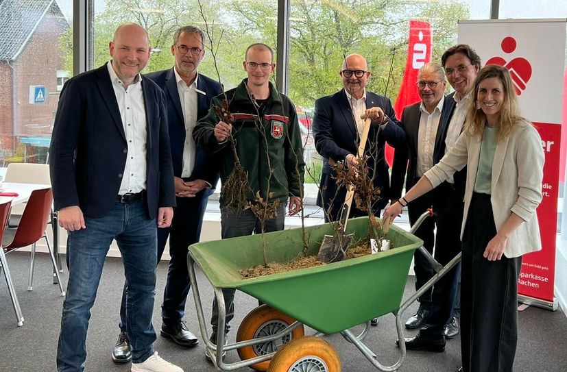 Die Bürgermeister der Nordeifel-Kommunen und die Spitze der Sparkasse Aachen präsentieren einige der 29.000 Setzlinge, die im Eifelboden Wurzeln schlagen sollen. Eine symbolische Pflanzung im Roetgener Wald war buchstäblich ins Wasser gefallen.