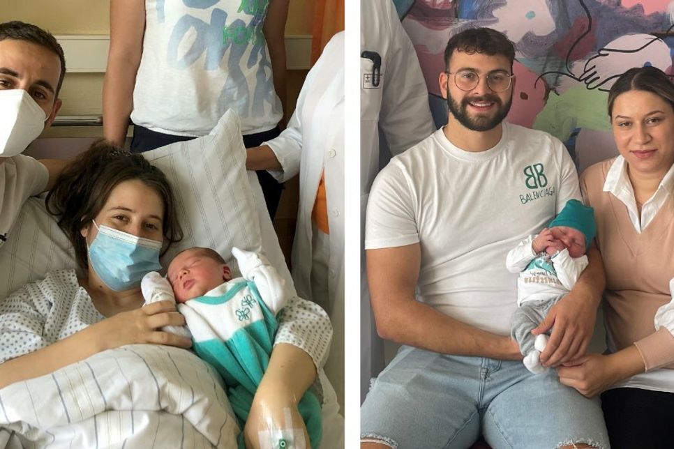 Die glücklichen Eltern und die Geburtshilfe-Teams der beiden Bad Kreuznacher Krankenhäuser freuen sich über die "Jubiläums-Babys" Lian (l.) und Emir (r.).