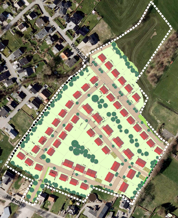 Im Zentrum von Lammersdorf gegenüber dem Otto-Junker-Platz soll das Gebiet »Hasselfuhr«, umrahmt von Sportplatz und Grundschule zum Wohngebiet werden. Auf der 5,2 Hektar großen Fläche sollen nach dem noch nicht abschließenden Entwurf des Aachener Planungsbüros MWM 90 Wohneinheiten entstehen. Zeichnung Planungsbüro MWM / Montage: Hoffmann
