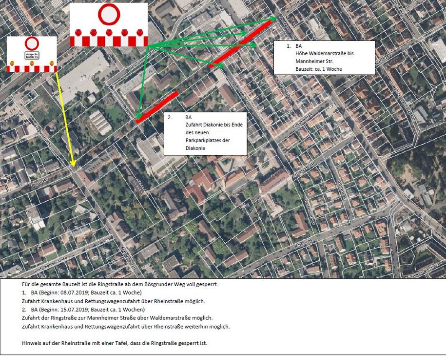 Bauarbeiten: Die Ringstraße wird zwischen Mannheimer Straße und Bösgrunder Weg wird für ca. drei Wochen gesperrt. Umleitungen zum Erreichen des Diakonie Krankenhauses sind ausgeschildert.