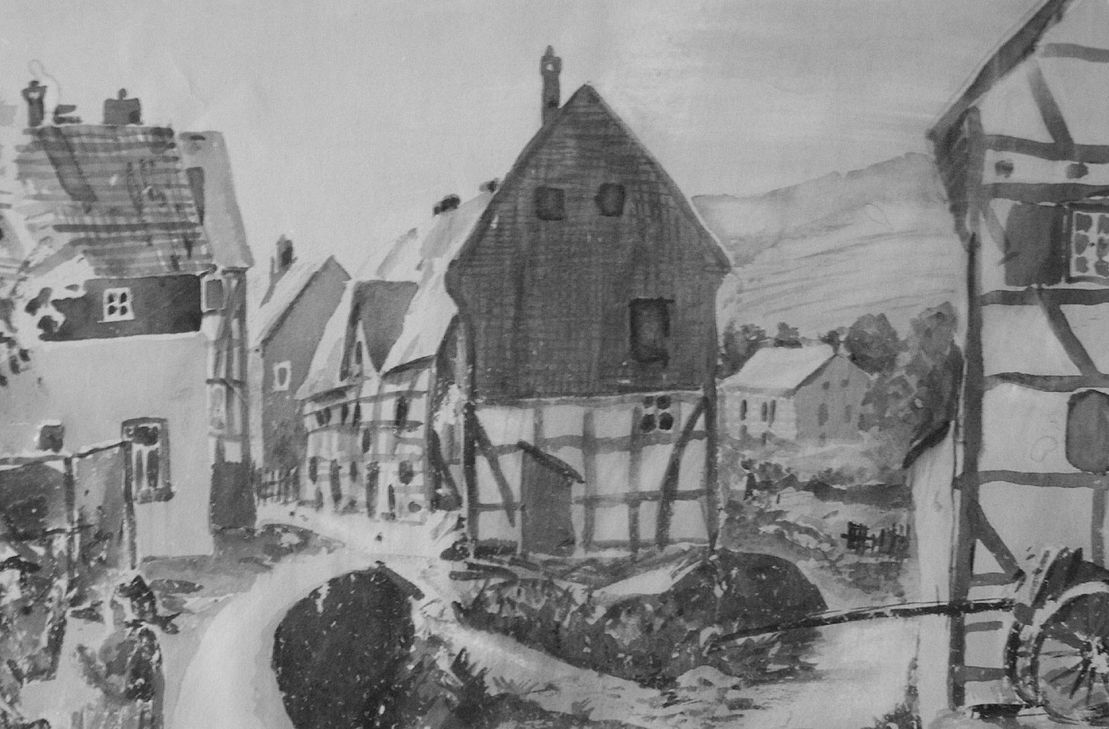 Der an Muttertag 1927 geborene "Nachkömmling" seiner Eltern Helene und Clemens August Koenn war auch ein passabler Zeichner. Diese Skizze aus Hellenthal hing in Oberdollendorf "op de schäerl Segg" an seinem Arbeitsplatz.