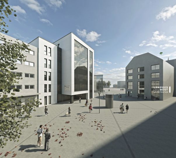 Lichtdurchflutet, ideal erreichbar und topmodern: So soll der MVZ-Komplex des Klinikums Mutterhaus der Borromäerinnen im ehemaligen Bürohaus Lehr am Viehmarktplatz ab Frühjahr 2027 aussehen.