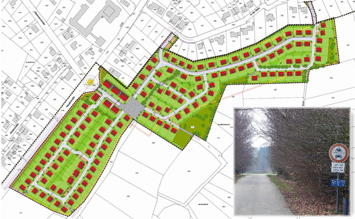 Rechts der Hauptstraße sollen in Simmerath 40 Baustellen entstehen. In der östlichen Verlängerung Richtung »In der Mahr« 80 weitere. Der unterhalb des Kreisverkehrs beginnende Wirtschaftsweg in Richtung Huppenbroich (kl. Bild) grenzt das neue Baugebiet nach Südosten hin ab.  Grafik:WeberConsulting
